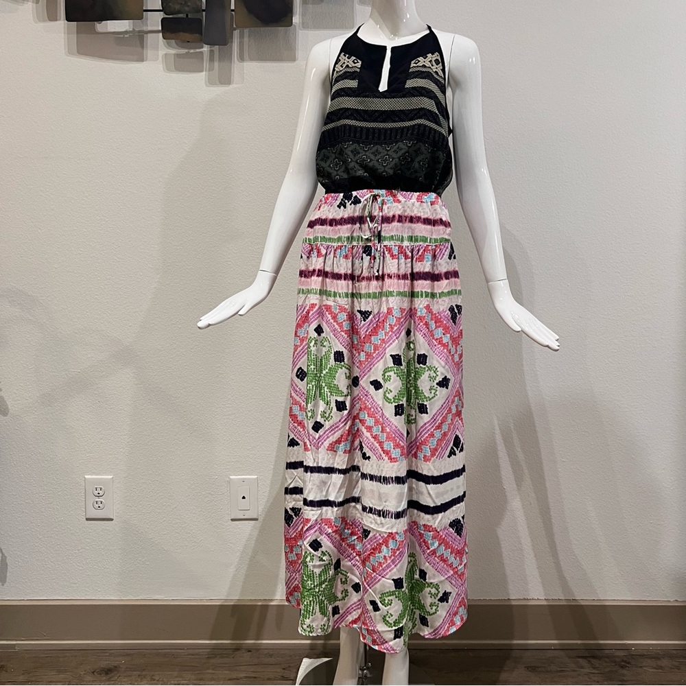 NWOT Melissa Lauren Geometric Colorful Print Bohemian Maxi 100% Silk Skirt Sz M